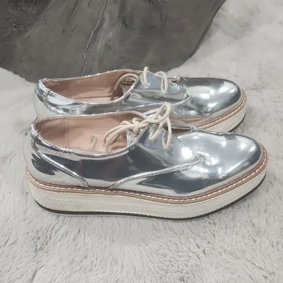 Zara Silver Platform Oxford Shoes Size 8 - Picture 3 of 7